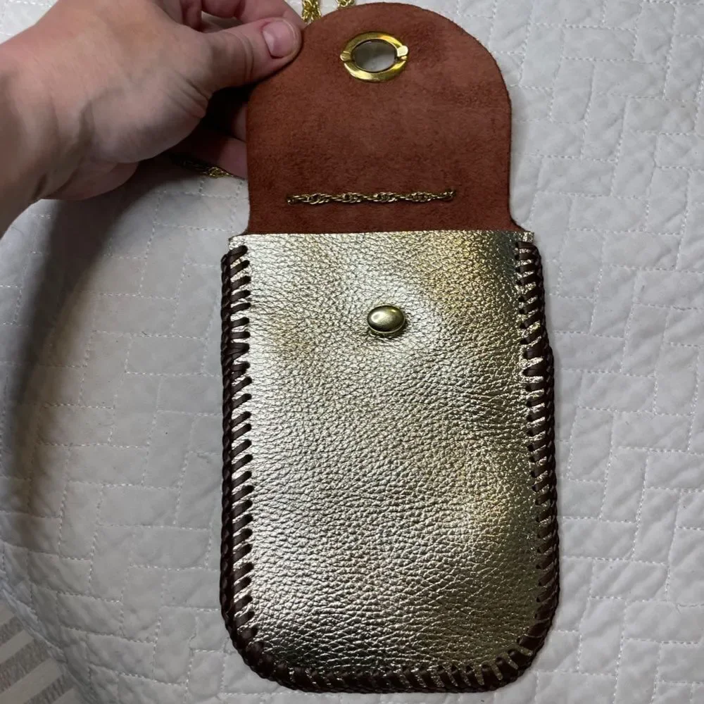 Handmade Custom Gold & Brown Leather Wrap Small Satchel w/ Gold Toned String - Picture 7 of 9